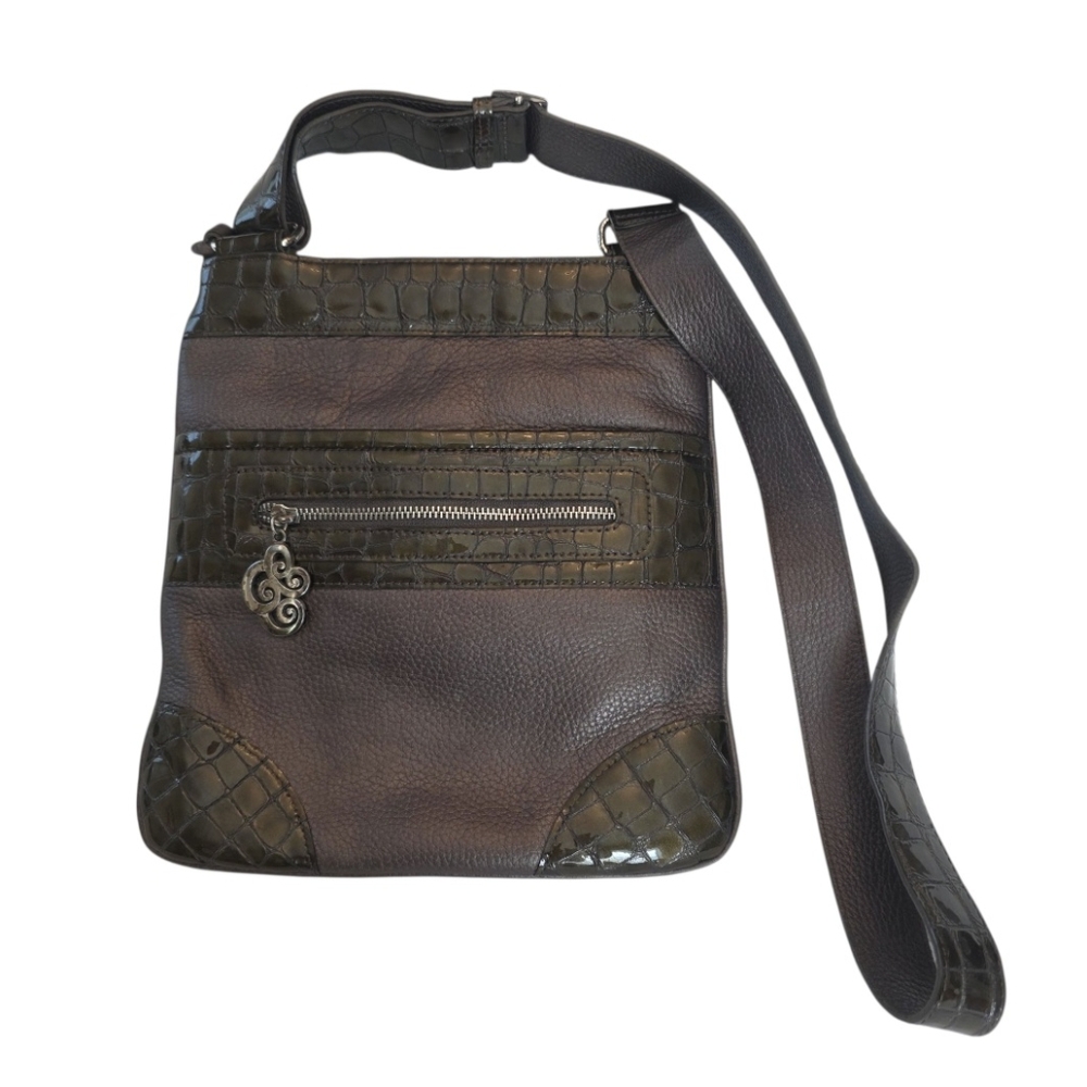 Brighton Crossbody Purse Brown Metallic & Green Croc-Embossed Patent Leather